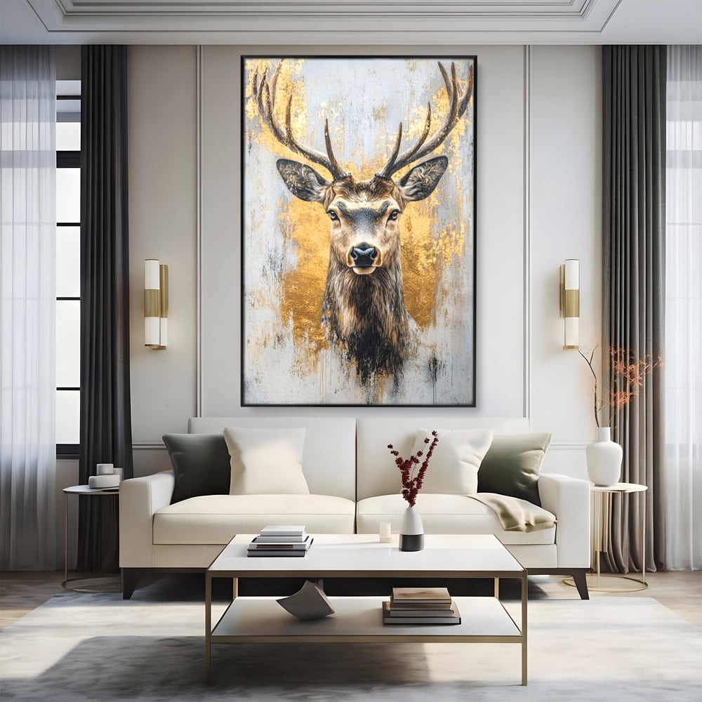 Tablou canvas cu tablou canvas cu cerb si accente aurii, in rama de aluminiu negru, pe perete intr-un living